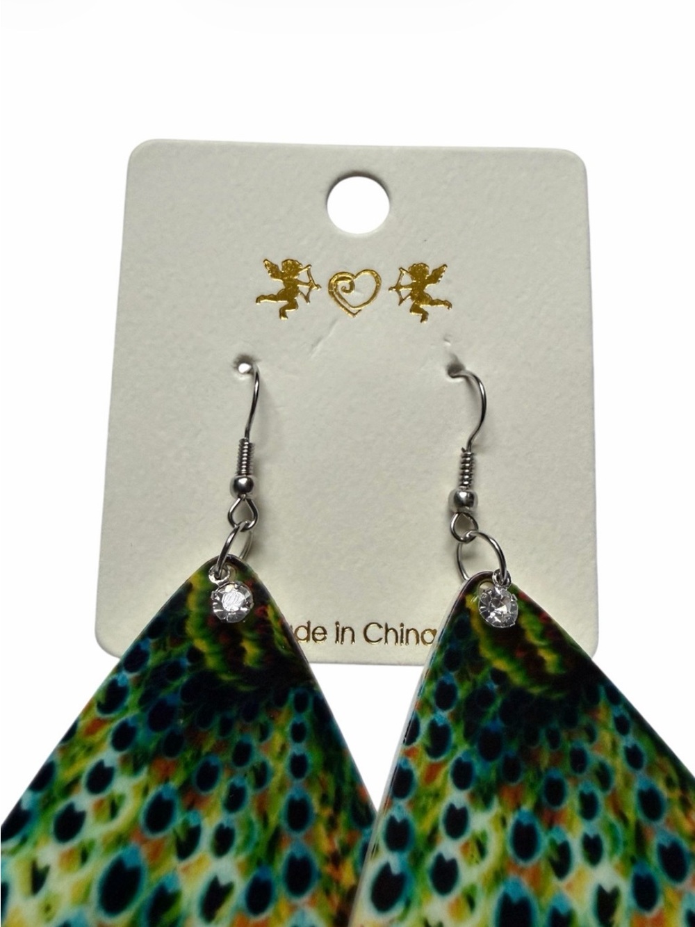 Abstract Peacock Design Rounded Triangle Shape Earrings - Picture 3 of 4